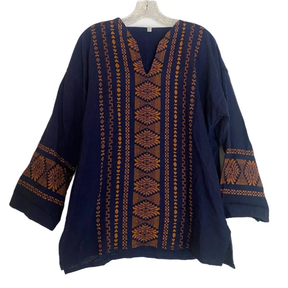 Vintage Embroidered Tunic Cotton Navy Top Long Sleeve Blouse Small to Large